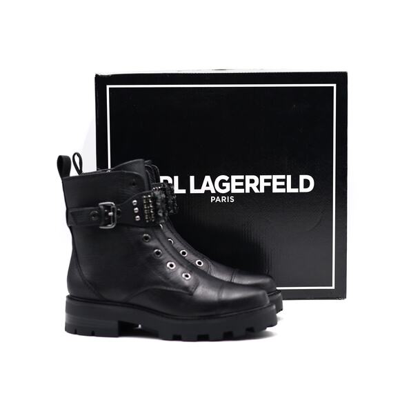 Karl Lagerfeld Paris Women Black Leather Maeva Buckled Combat Booties Size 7M - Picture 2 of 9